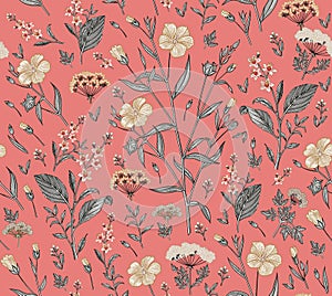 Seamless pattern Flax isolated flowers Vintage background Wallpaper Drawing engraving. Vector illustration