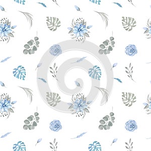 Seamless pattern of Floral blue flowers and greenery on a white background Rose Magnolia Leaves, Tropical leaves, the Branch of