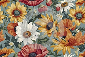 A seamless pattern of floral chintz pattern reminiscent of the 1940s. photo