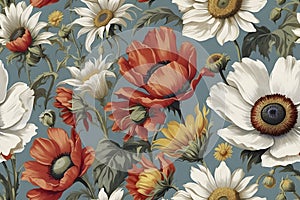 A seamless pattern of floral chintz pattern reminiscent of the 1940s. photo