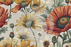 A seamless pattern of floral chintz pattern reminiscent of the 1940s. photo