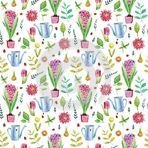 Seamless pattern - floral garden, spring or summer, watering can, flowers, grass and ladybugs, flower pots. Suitable for