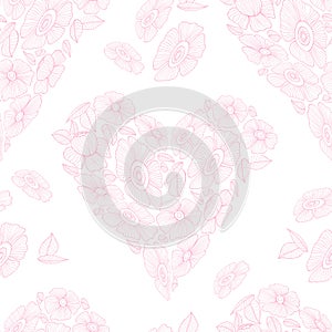 Seamless pattern with floral heart. Linear pink groovy daisy flower on transparent background. Vector Illustration