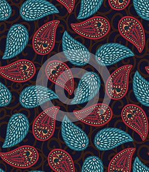Seamless pattern floral leaf paisley motif persian style. Arabesque boteh foulard textile. Classic damask home decor. Traditional