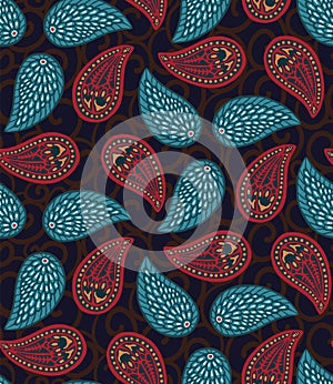 Seamless pattern floral leaf paisley motif persian style. Arabesque boteh foulard textile. Classic damask home decor. Traditional photo