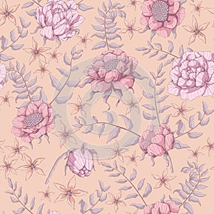 Seamless pattern with floral motif. Roses and Peonies background. Pink flowers and grey branch with leaves. Hand drawn botanical