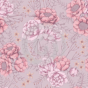Seamless pattern with floral motif. Roses and Peonies background. Pink flowers and grey branch with leaves. Hand drawn botanical