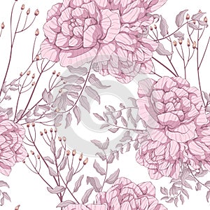 Seamless pattern with floral motif. Roses and Peonies background. Pink flowers and grey branch with leaves. Hand drawn botanical