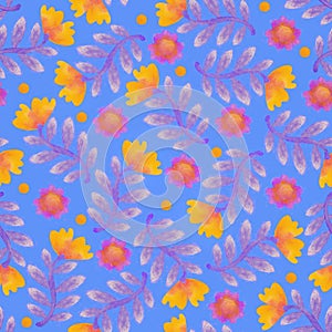 Seamless pattern with floral ornament. Background with watercolor flowers. Raster illustration for design and printing on fabric