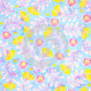 Seamless pattern with floral ornament. Background with watercolor flowers. Raster illustration for design and printing on fabric