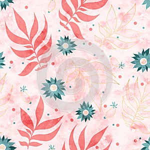 Seamless pattern with floral ornament. Green flowers and pink leaves. Imitation of watercolor. Design for a card, invitation,