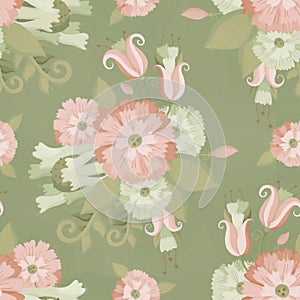 Seamless pattern with floral ornament. Raster illustration for design and printing on fabric or paper. Flowers on a green