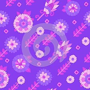 Seamless pattern with floral ornament. Raster illustration for design and printing on fabric or paper. Flowers on a purple