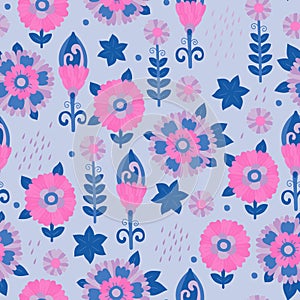 Seamless pattern with floral ornament. Raster illustration for design, for printing on paper and fabric. Pink and blue flowers on