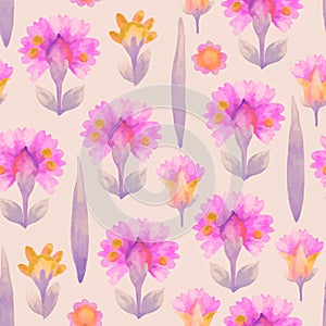 Seamless pattern with floral ornament. Raster illustration for design, for printing on paper and fabric. Pink watercolor flowers