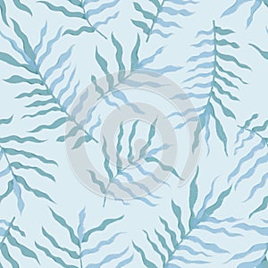 Seamless pattern with floral ornament. Raster illustration. Watercolor stylization. Leaves on a blue background