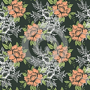 Seamless pattern, floral print. Hand-drawn pink and white contour flowers. Vintage for textiles, pastel linen