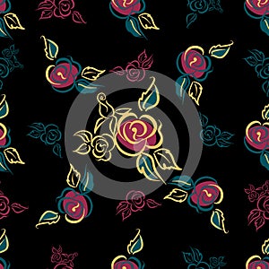 Seamless pattern. Floral print. Roses. bouquets. Decorative. Black background. Vector.