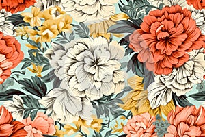 Seamless pattern florals. Retro style linedrawn
