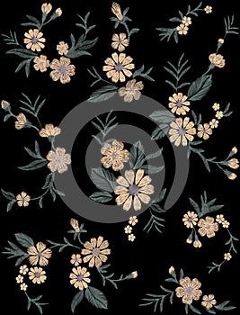 Seamless pattern of flovers on a black background. Imitation embroidery.