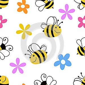 Seamless pattern with a flower and a cartoon bee on a white background vector illustration.