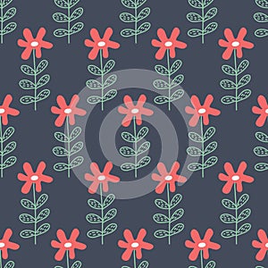 Seamless pattern flower on a dark background, hand drawn cute flower chamomile daisy, illustration for design