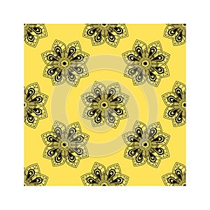 Seamless pattern of flower doodle art on yellow background