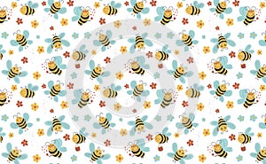 Seamless pattern with flower and flying bees on white background. Cute cartoon print.