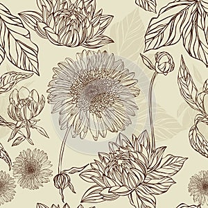 Seamless pattern flower and leaf in retro style