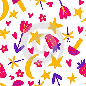 Seamless pattern with flower, moon, stars, hearts, mushroom, strawberry, dragonfly.