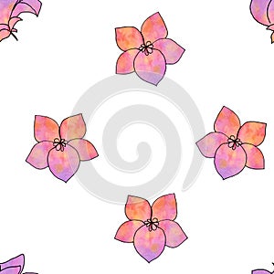 Seamless pattern flower viola with watercolor effect in pink, yellow, lilac colors on a white background