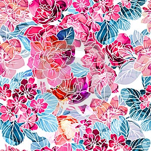 Seamless pattern, flowers with alcohol ink texture