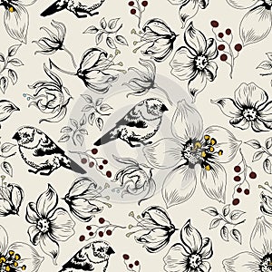 Seamless pattern with flowers and birds. The design is suitable for textiles, factories, modern fashion, prints, prints