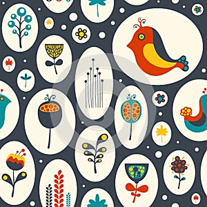 Seamless pattern with flowers and birds on gray background.