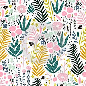 Seamless pattern with flowers, branch, leaves. Creative floral texture. Great for fabric, textile Vector Illustration