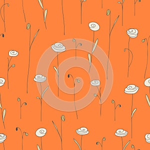 Seamless pattern with flowers. Bright orange background with stylized doodle roses.