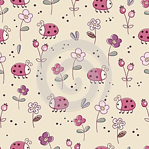 Seamless pattern with flowers and bugs