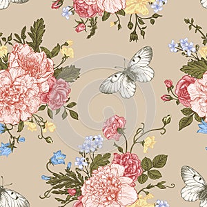 Seamless pattern flowers and butterflies.