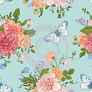 Seamless pattern flowers and butterflies.