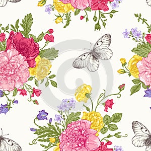 Seamless pattern flowers and butterflies.