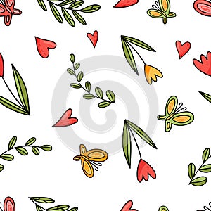 Seamless pattern flowers, butterflies and hearts
