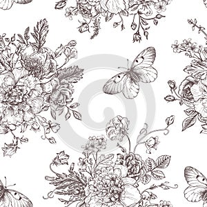 Seamless pattern flowers and butterflies. photo