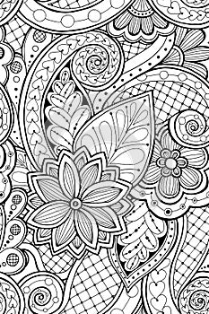 Seamless pattern with flowers and butterfly. Ornate zentangle seamless texture, pattern with abstract flowers.