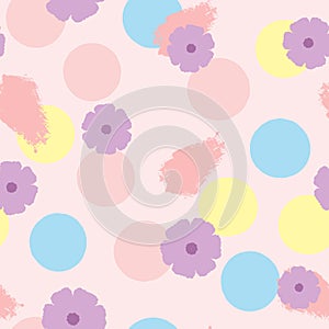 Seamless pattern with flowers, circles and brushstrokes. Drawn by hand. Watercolor, ink, sketch. Pastel.