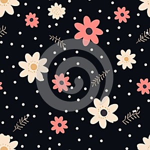 Seamless pattern with flowers and dots on black background. Vector illustration. Generative AI