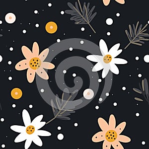 Seamless pattern with flowers and dots on dark background. Hand drawn vector illustration. Generative AI