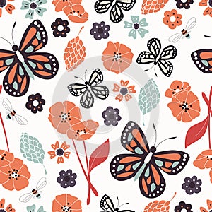 Seamless pattern with flowers, floral elements and butterflies,