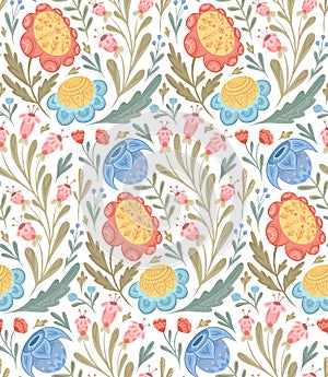 Seamless pattern with flowers with folk arts on white background. Vector botany texture with hand drawn floral ornaments