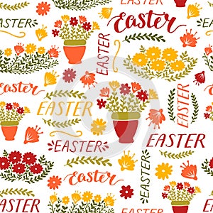 Seamless pattern with flowers and hand written words Easter