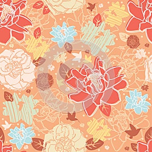 Seamless pattern with flowers and hummingbird.